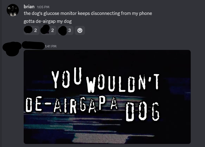 A screenshot of discord where a user named Brian writes: "the dog's glucose monitor keeps disconnecting from my phone

gotta de-airgap my dog"

and someone replying with an image that says "you wouldn't de-airgap a dog" in the "Your wouldn't download a car" meme format